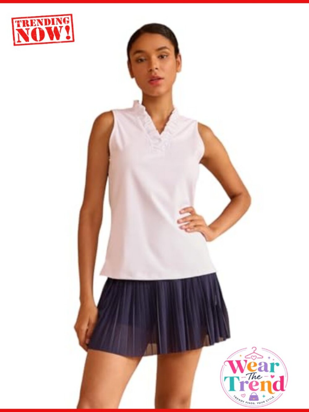 Ruffle V Neck Sleeveless Golf Polo Shirt UPF 50+ Quick Dry Athletic Top